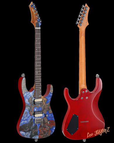 Leo Jaymz Electric Guitar Monsoon Deluxe Series, Reverse Headstock, Burl Top, Mahogany Body, Roasted Maple Neck, Rosewood Fretboard, Case and Capo (Green Colorful Deluxe) in Kuwait