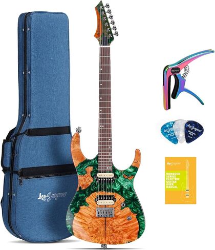 Leo Jaymz Electric Guitar Monsoon Deluxe Series, Reverse Headstock, Burl Top, Mahogany Body, Roasted Maple Neck, Rosewood Fretboard, Case and Capo (Green Colorful Deluxe) in Kuwait
