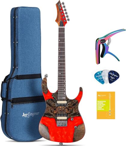 Leo Jaymz Electric Guitar Monsoon Deluxe Series, Reverse Headstock, Burl Top, Mahogany Body, Roasted Maple Neck, Rosewood Fretboard, Case and Capo (Green Colorful Deluxe) in Kuwait