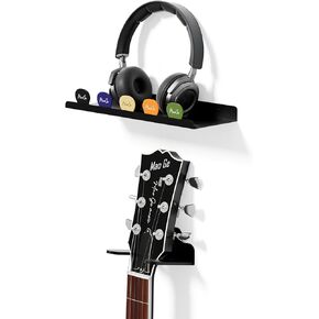 Metal Guitar Wall Hanger with Pick Slot, Guitar Wall Mount & Accessories Shelf, Anti-Slip Padding for Electric, Acoustic Guitars, Ukulele, and Bass (Black)