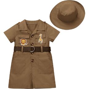 ABAFIP Baby Girl Toddler Boy Safari Birthday Outfit Short Sleeve One Piece Romper Jumpsuit with Belt Hat