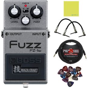 Boss FZ-1W Fuzz Pedal Bundle w/ 2-Pack Strukture S6P48 Woven Right Angle Patch Cable, Pig Hog PCH10BK "Black Woven" Instrument Cable, 12-Pack Guitar Pick and Liquid Audio Polishing Cloth