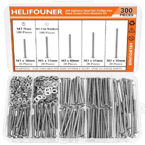 920 Pieces 304 Stainless Steel M3 x 4mm /6mm /8mm /10mm /12mm /14mm /16mm /18mm /20mm /25mm / 30mm, Hex Socket Head and Phillips Pan Head Metric Screws and Nuts Assortment Kit