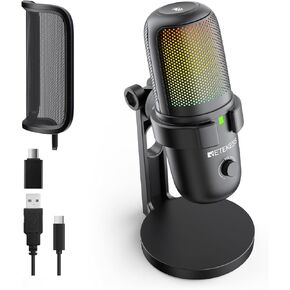 Retekess TG201 Gaming Microphone, Noise Cancellation Condenser mic with Mute, Turnable RGB Lights, Monitoring, Card/Omin, Streaming Microphone, Compatible with PS4/5, MacOS, Windows