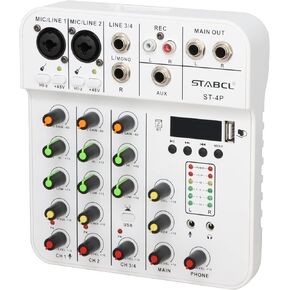 4 Channel Audio Mixer Mini, Sound Board Mixing Console with Digital USB Bluetooth 48V Phantom Power and Reverb, Small Sound Mixer Interface for Pc, DJ Mixer for Podcasting & Studio Streaming