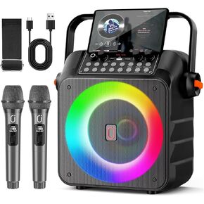 Karaoke Machine with 2 Wireless Microphones, Portable Karaoke Machine for Adults and Kids, Bluetooth Speaker with Microphone, PA System & LED Lights for Home Singing Outdoor Party, Music Gifts