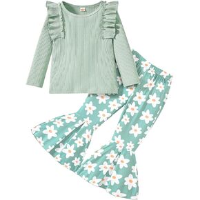 Kislio Toddler Baby Girl Clothes Long Sleeve Ruffle Ribbed Solid Color Tops Flare Pants Bell Bottoms Fall Winter Outfit Set