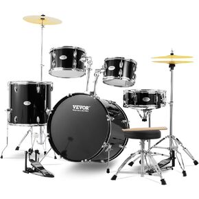 VEVOR Adult Drum Set, 5-Piece, 22 inches Complete Full Size Drum Kit with Bass Toms Snare Floor Drum Adjustable Throne Stands Cymbal Hi-Hat Pedal and Drumsticks, Beginner Drum Kit for Adults, Black