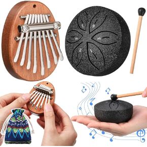 2 Pcs Mini Musical Instruments Mini Kalimba and Mini Rain Drum with Drumstick 8 Keys Finger Thumb Piano and 6 Notes Steel Drum for Christmas Adult Beginners(Black)