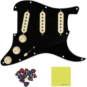Fender Pre-Wired Strat® Pickguard, Custom Shop Fat 50's SSS, Black - 0992340506 Bundle w/ 12-Pack Guitar Pick and Liquid Audio Polishing Cloth