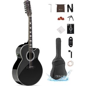 Fesley Jumbo Acoustic Electric Guitar: 42" Full Size 12 String Acoustic Electric Guitar, Cutaway Performer Guitar Kit, Guitarra Acustica with Built in Pickups, Gig Bag, Strap, Strings, FJET200 Black