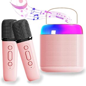 Karaoke Machine for Kids, Mini Karaoke Machine with 2 Wireless Microphones, Portable Bluetooth Speaker with Led Light GIFS for Kids Home Party Birthday Christmas (Black)