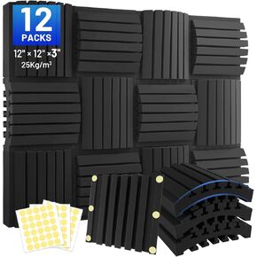 12 Pack Curved Acoustic Foam Panels 3" x 12" x 12" Sound Proof Foam Panels Soundproofing Noise Cancelling Wedge Panels for Home Office Recoding Studio with 90PCS Double-Side Adhesive