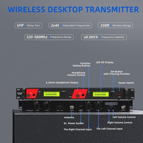 Wireless in Ear Monitor System, 2 Channel 4 Bodypacks Pro Mono IEM System for Musicians, Metal Rack Mount Monitor w/ 2x40 UHF Frequencies, 330ft Range for Band, Stage or Studio (IME-4000) in Kuwait