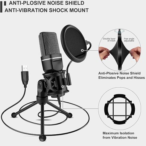 USB Microphone, Computer Cardioid Condenser PC Gaming Mic with Tripod Stand & Pop Filter for Streaming, Podcasting, Vocal Recording, Compatible with Laptop Desktop Windows Computer in Saudi Arabia