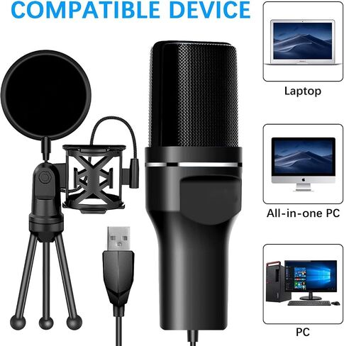 USB Microphone, Computer Cardioid Condenser PC Gaming Mic with Tripod Stand & Pop Filter for Streaming, Podcasting, Vocal Recording, Compatible with Laptop Desktop Windows Computer in Saudi Arabia