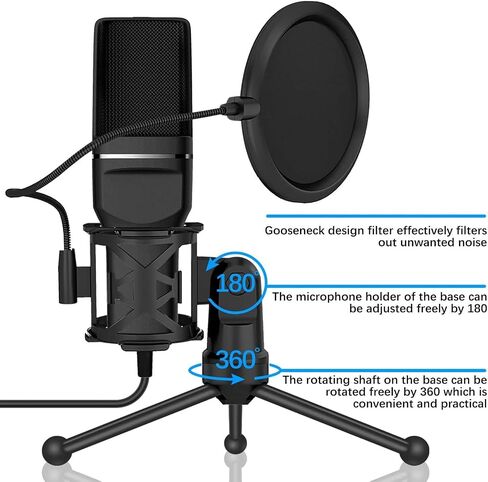USB Microphone, Computer Cardioid Condenser PC Gaming Mic with Tripod Stand & Pop Filter for Streaming, Podcasting, Vocal Recording, Compatible with Laptop Desktop Windows Computer in Saudi Arabia