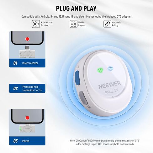 NEEWER Wireless Button Lavalier Microphone System Compatible with iPhone 16 15 Pro Max Plus Android Phone PC Laptop, Noise Cancelling, Mini Clip on Lapel Lav Mic Kit for Interview Streaming Vlog, KM22 in Saudi Arabia
