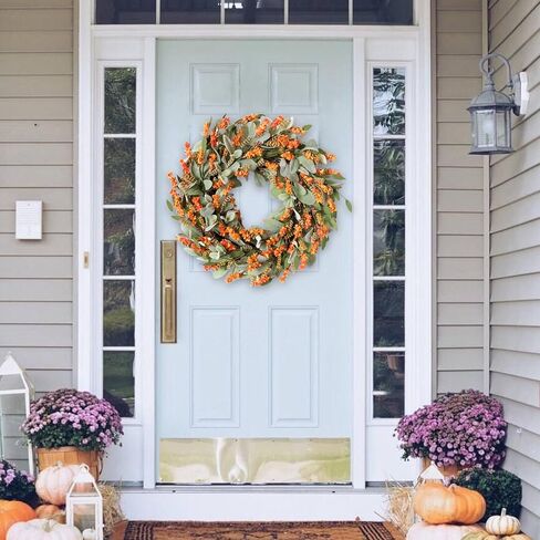 20 Inch Fall Harvest and Thanksgiving Day Front Door Flower Wheat Wreath for Home Decor, Autumn Orange Color Wild Flower Wreath with Lavender for Indoor and Outdoor in Saudi Arabia