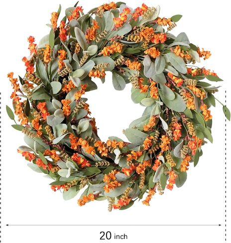 20 Inch Fall Harvest and Thanksgiving Day Front Door Flower Wheat Wreath for Home Decor, Autumn Orange Color Wild Flower Wreath with Lavender for Indoor and Outdoor in Saudi Arabia