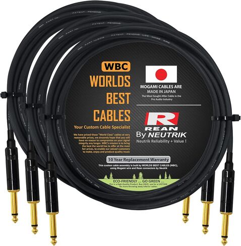 WORLDS BEST CABLES 3 Units - 8 Foot -Pedal, Effects, Patch, Guitar Instrument Cable Custom Made Made Using Mogami 2319 Wire and Neutrik-Rean NYS224BG Gold ¼ inch (6.35mm) TS Plugs in Saudi Arabia