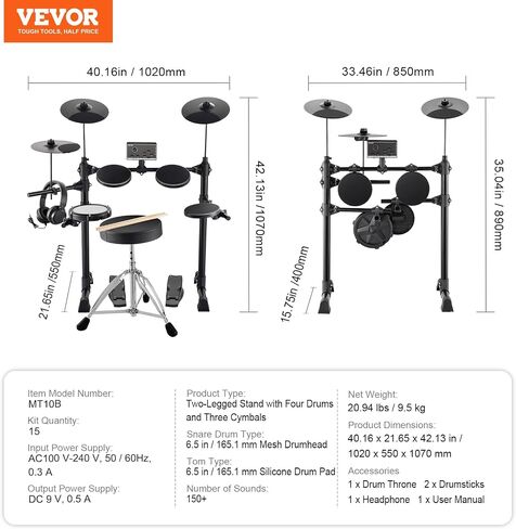 VEVOR Electric Drum Set, 32 Drum Kits & 480 Sounds Electronic Drum Kit, USB MIDI Supported 10 in Quiet Mesh Snare Electric Drum Set with 10 in Cymbals Drum Sticks & Pedals, for Beginners & Adults in Saudi Arabia