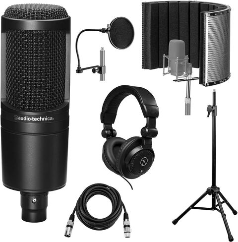 ميكروفون مكثف قلبي Audio-Technica AT2020 مزود بمرشح انعكاس وحامل ميكروفون ثلاثي الأرجل وفلتر بوب وكابل XLR مقاس 10 بوصات وسماعات رأس استوديو ومجموعة إعداد تسجيل صوتي كاملة (6 عناصر) in Saudi Arabia