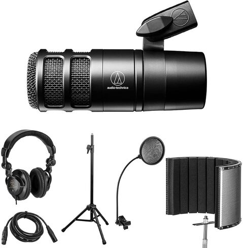 ميكروفون مكثف قلبي Audio-Technica AT2020 مزود بمرشح انعكاس وحامل ميكروفون ثلاثي الأرجل وفلتر بوب وكابل XLR مقاس 10 بوصات وسماعات رأس استوديو ومجموعة إعداد تسجيل صوتي كاملة (6 عناصر) in Saudi Arabia