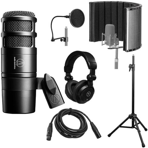 ميكروفون مكثف قلبي Audio-Technica AT2020 مزود بمرشح انعكاس وحامل ميكروفون ثلاثي الأرجل وفلتر بوب وكابل XLR مقاس 10 بوصات وسماعات رأس استوديو ومجموعة إعداد تسجيل صوتي كاملة (6 عناصر) in Saudi Arabia