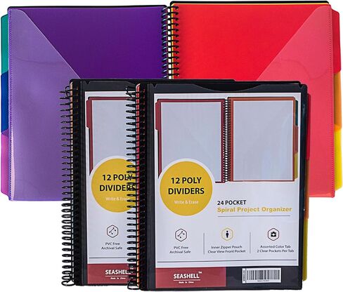 Seashell 12 Pockets Poly Project Organizer, 6 Colors Binder Organzier Spiral Project Folder Multi Pocket Folder Binder with Pockets, Letter Size, Back Cover Utility Pouch, 1 Pack in Saudi Arabia