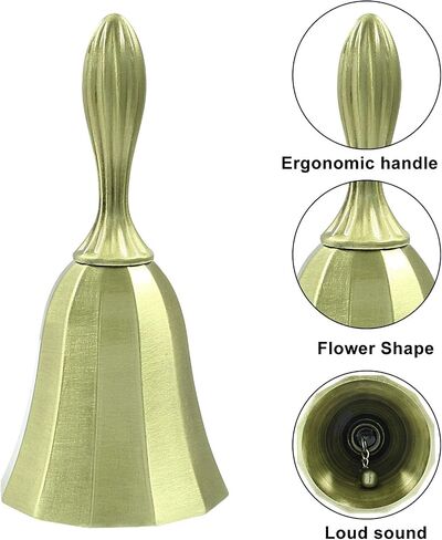 Super Loud Solid Brass Hand Call Bell, Antique Brass Steel Hand Bell 4"(H) 2"(D) Call Bell, Small Handbell Gift Jingle Ringing bell for Wedding Christmas Game School Church Restaurant Service in Kuwait