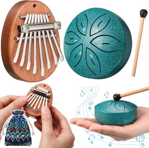 2 Pcs Mini Musical Instruments Mini Kalimba and Mini Rain Drum with Drumstick 8 Keys Finger Thumb Piano and 6 Notes Steel Drum for Christmas Adult Beginners(Black) in Kuwait