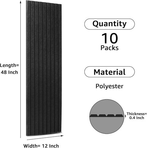 Art3dwallpanels 10 لوحات صوتية، 48 بوصة × 12 بوصة × 0.35 بوصة لوحات حائط عازلة للصوت، معالجة صوتية ذاتية اللصق عالية الكثافة ممتصة للصوت لاستوديو التسجيل، المكتب، أسود in Kuwait