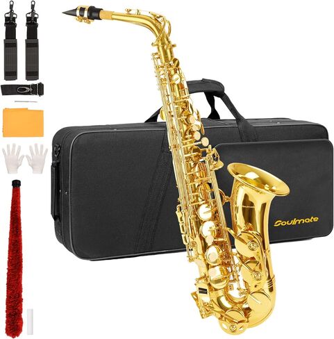 Soulmate Alto Saxophone E Flat Beginner Saxophones with Case, Mouthpiece, Reeds & Cloths,Mouthpiece,Straps-Gold Color in Kuwait