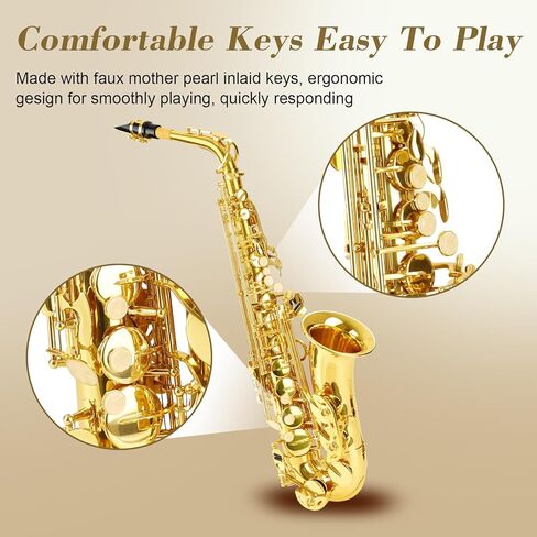 Soulmate Alto Saxophone E Flat Beginner Saxophones with Case, Mouthpiece, Reeds & Cloths,Mouthpiece,Straps-Gold Color in Kuwait