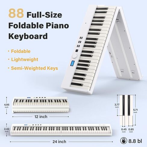 BESFAN 88 Keys Portable Piano Keyboard, Folding Electric Piano with Full Size Semi-Weighted Keyboard, Daul Speaker, Suitable for Kids Adults, White in Kuwait