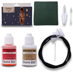 Trumpet(Cornet) Cleaning Care Kit: Piston Oil, Tuning Slide Grease, Snake Brush, Piston Brush, Mouthpiece Brush, Dust Brush, Cleaning Cloth–for all Professional Musicians or Students