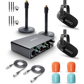 Movo Podcast Equipment Bundle for 2 with USB Audio Interface and 2 CastMic Dynamic Podcast Microphone Bundle with Mic Boom Arms for Podcasting, Streaming, and Musicians - Podcast Kit for Computers