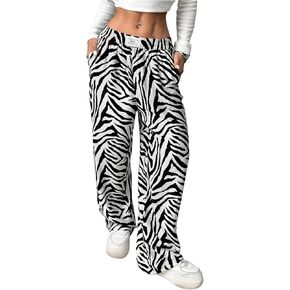 Floerns Women's Leopard Print Patched Elastic Waist Straight Leg Streetwear Trousers Sweatpants