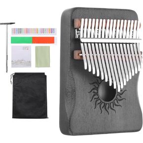 MECCANIXITY 17 Keys Thumb Piano, Deep Brown Mini Portable Finger Piano Maple Wood Sun Pattern with Protective Bag, Tune Hammer, Sheet Music Study Instruction for Gift Adults Beginners
