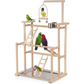Pet Parrot Playstand Parrots Bird Playground Bird Play Stand Wood Perch Gym Playpen Ladder with Feeder Cups Bells for Cockatiel Parakeet (4 Layers)