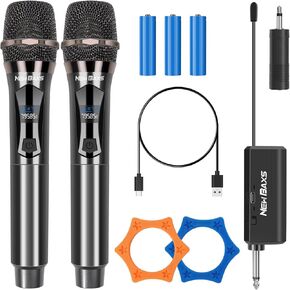 Wireless Microphones, Dual Karaoke Microphone System, Microfonos Inalambricos with Rechargeable Receiver, Cordless Dynamic Mic Micro Set for Singing, Wedding, DJ, Party, Speech,Gray