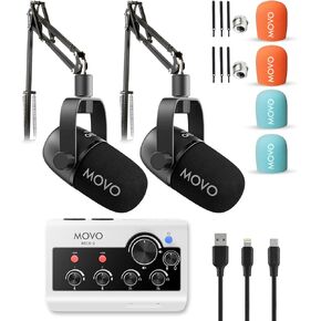 Movo Portable Podcast Equipment Bundle for iPhone/Android Phones- Podcast Kit with Audio Interface, 2 CastMic Dynamic Mics, 2 Boom Arms - for Smartphones, Computers, PC, Mac - Lightning, USB, USB-C