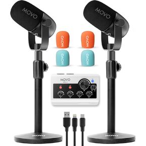 Movo Portable Podcast Equipment Bundle for iPhone/Android Phones- Podcast Kit with Audio Interface, 2 CastMic Dynamic Mics, 2 Boom Arms - for Smartphones, Computers, PC, Mac - Lightning, USB, USB-C
