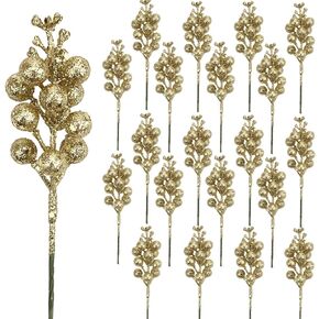 DIYASY Green Glitter Berry Stems,20Pcs Artificial Xmas Picks and Sprays Christmas Tree Filler Branches Ornaments Holiday Wreath Garland Decorations Home Décor 7.8 Inch