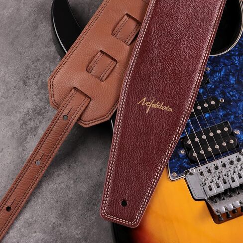 Nefelibata 3.8" Wide Guitar Strap, Full Grain Leather, Adjustable Length 49" to 57" with Foam Padding for Bass, Electric, and Acoustic Guitars (Burgundy) in Kuwait