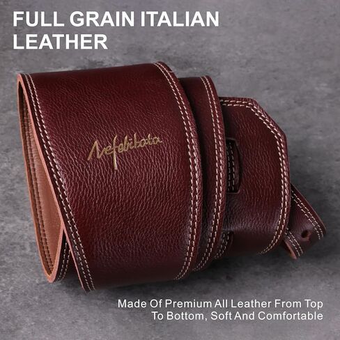 Nefelibata 3.8" Wide Guitar Strap, Full Grain Leather, Adjustable Length 49" to 57" with Foam Padding for Bass, Electric, and Acoustic Guitars (Burgundy) in Kuwait