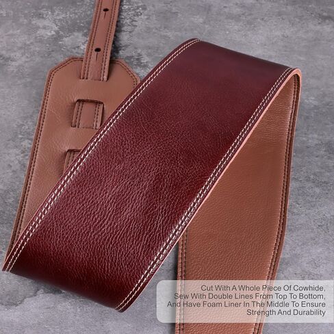 Nefelibata 3.8" Wide Guitar Strap, Full Grain Leather, Adjustable Length 49" to 57" with Foam Padding for Bass, Electric, and Acoustic Guitars (Burgundy) in Kuwait