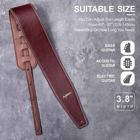 Nefelibata 3.8" Wide Guitar Strap, Full Grain Leather, Adjustable Length 49" to 57" with Foam Padding for Bass, Electric, and Acoustic Guitars (Burgundy) in Kuwait
