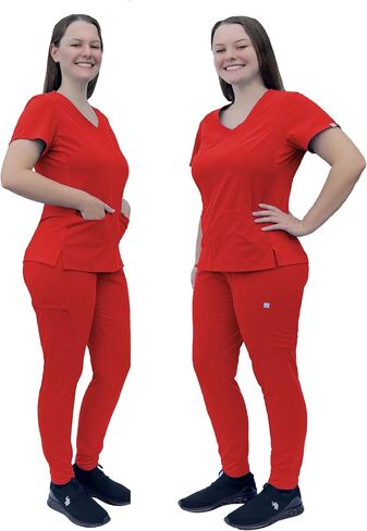 مجموعة ANGIE UNIFORMS PREMIUM Jogger Scrubs للنساء. جزء علوي من ألياف لدنة بجيبين/بنطلون رياضي بأرجل مدببة. ناعمة وقابلة للتمدد. in Saudi Arabia
